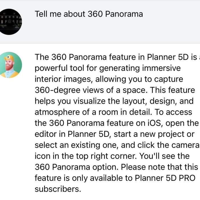 Bernard chatbot answers question about 360 panorama on Planner 5D