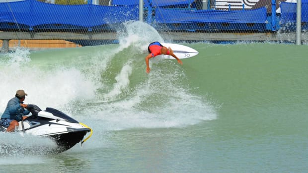 Snowboarder Shaun White Gets Super Barreled at Kelly Slater's Surf