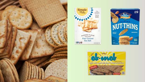 A lifestyle image of varied crackers next to boxes of Simple Mills, Nut-Thins, and ak-mak.