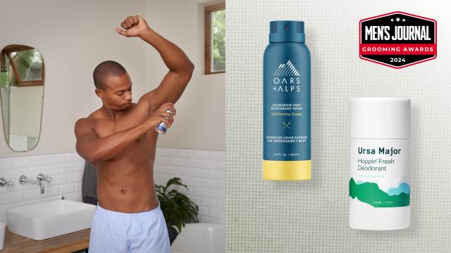 Man using deodorant under his arm in a bathroom with white tile and off white walls with two other deodorants displayed with a gray to white background, part of Men's Journal Grooming Awards for 2024.