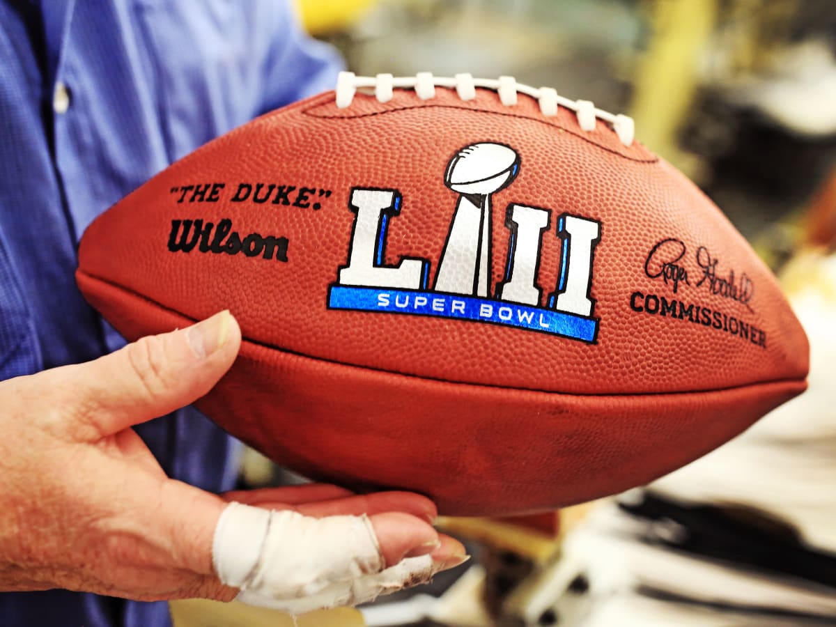 An official game ball for the NFL Super Bowl 50 football game is  photographed, Tuesday, Jan. 26, 2016. The Wilson Sporting Goods football  factory in Ada, Ohio has made the official Super