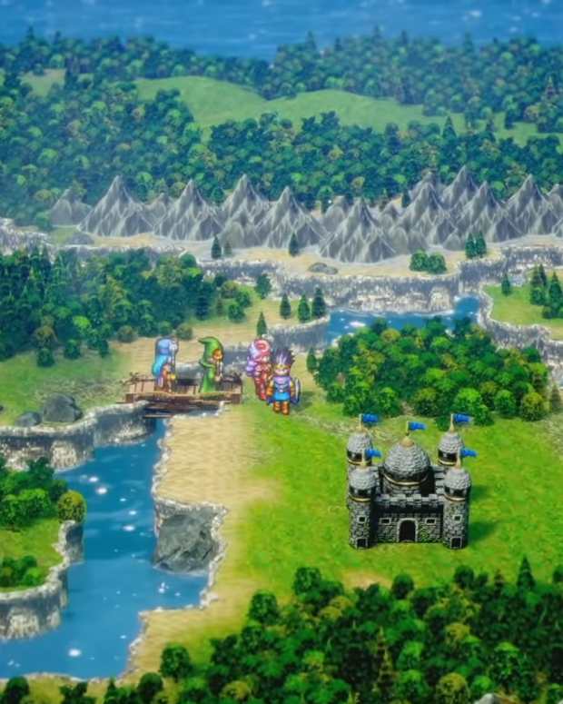 A screenshot from the announcement teaser for the HD-2D remake of Dragon Quest 3 showing the party in the overworld.