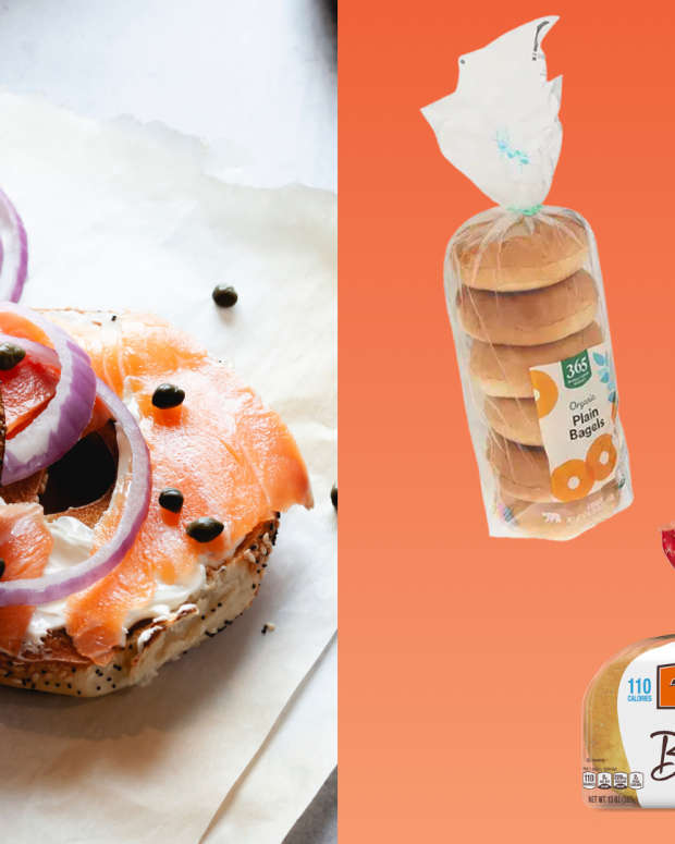 Best Healthy Bagel: Everything bagel with lox, red onion, and cream cheese, and various bagel brands including Whole Foods and Dave's Killer Bread.