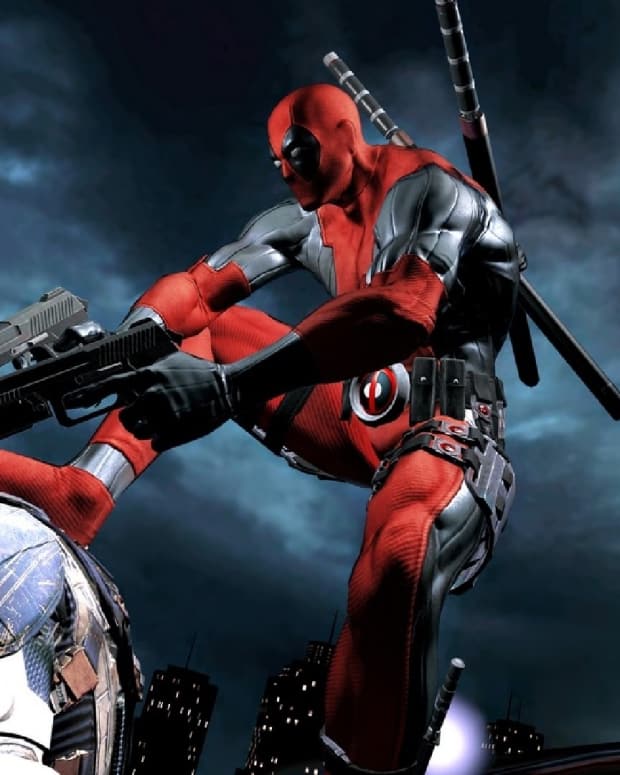 Deadpool standing over and shooting an enemy in the Deadpool video game.