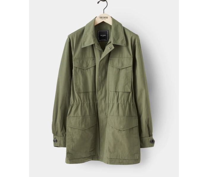 Green Todd Snyder Italian Ripstop Field Jacket on a grey background