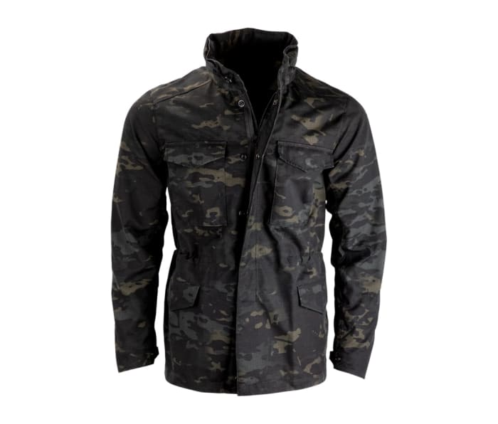 Black camo pattern Triple Aught Design M-65 RS Field Jacket on a white background.