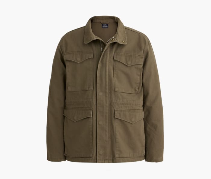 Brown J. Crew Factory Field Jacket on a grey background.