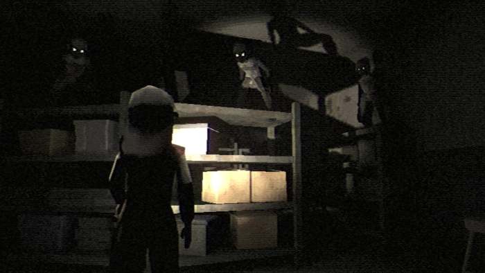 A screenshot for Fear the Spotlight showing a young girl pointing a torch at a shadowy creature.