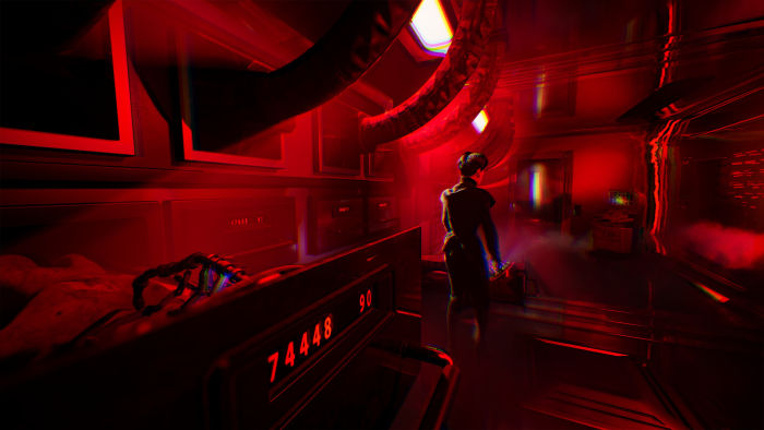 A screenshot for SLEEP AWAKE showing a mysterious woman walking through a dimly lit lab