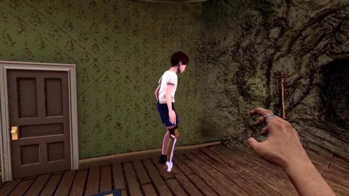 A screenshot from The Simulation showing a hand reaching towards a tall boy.