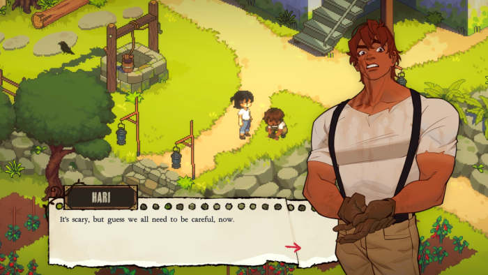 A screenshot from Grave Seasons showing a large man talking to a young person, warning of danger.