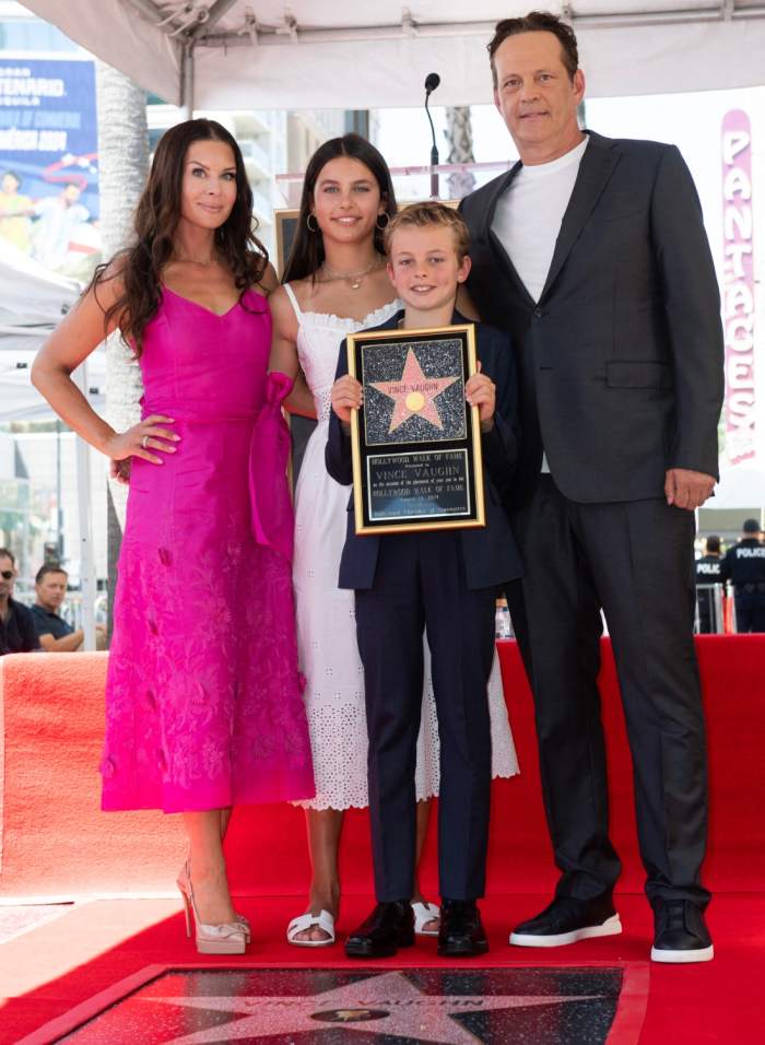 Vince Vaughn poses with his wife Kyla Weber and children Locklyn Kyla Vaughn and Vernon Lindsay Vaughn at the Hollywood Walk of Fame star ceremony where Vaughn was honored with a star on August 12, 2024.