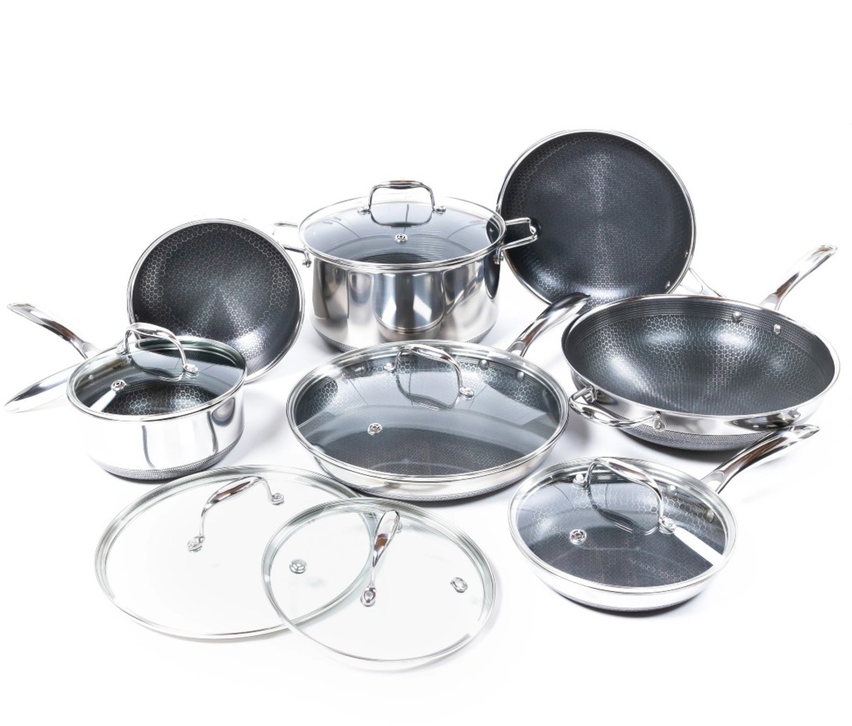 HexClad 16 Piece Hybrid Stainless Steel Cookware Set - 6 Piece Pan , 6  Piece Pot , 7 Quart Deep Fryer and 14 Inch Wok, Stay Cool Handles,  Induction