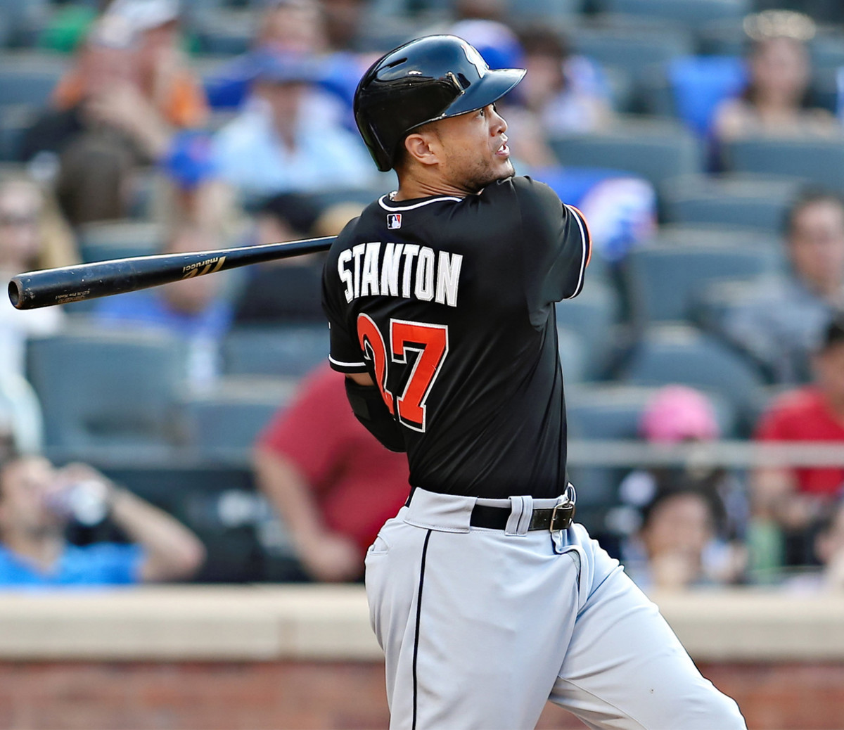 Giancarlo Stanton of the Miami Marlins wears Nike batting gloves