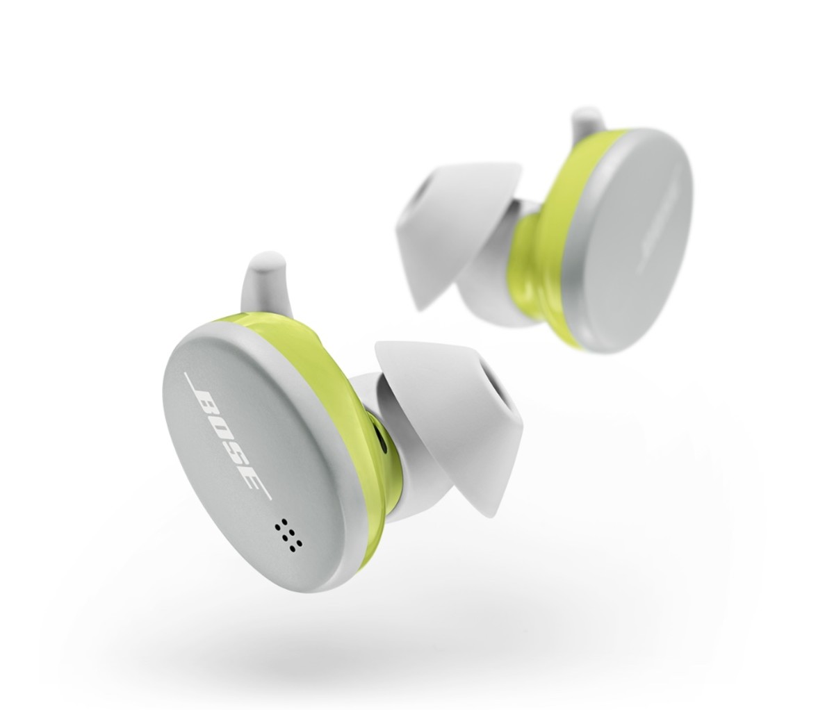 Gray and neon yellow earbuds on a white background.