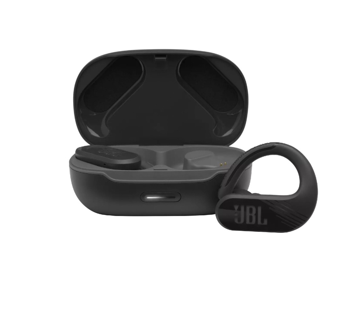 Black earbuds, one in a black case, with arms for holding onto ears on a white background.