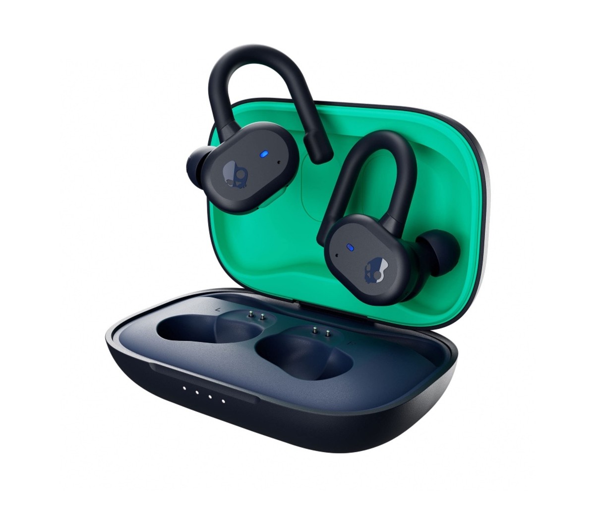 Black earbuds with an ear hook with a charging case with green lid on a white background.