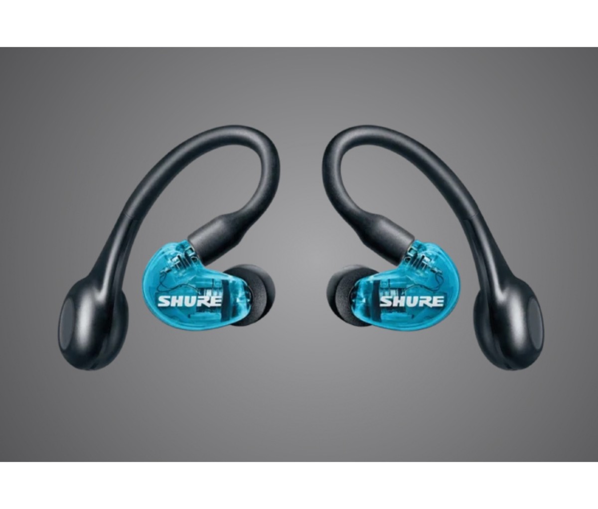 Clear blue plastic earbuds with black over-ear arms on a gray background.