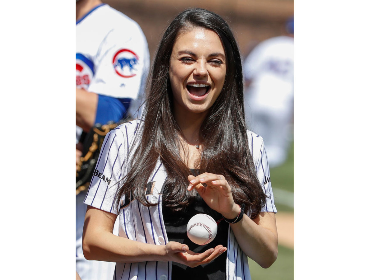 PHOTOS: Mila Kunis throws incredible first pitch at Chicago Cubs game