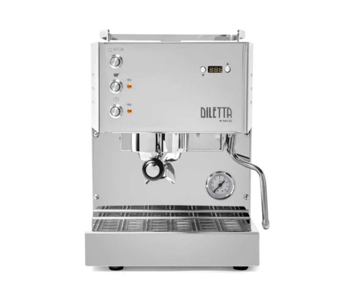 Stainless steel espresso machine on a white background.