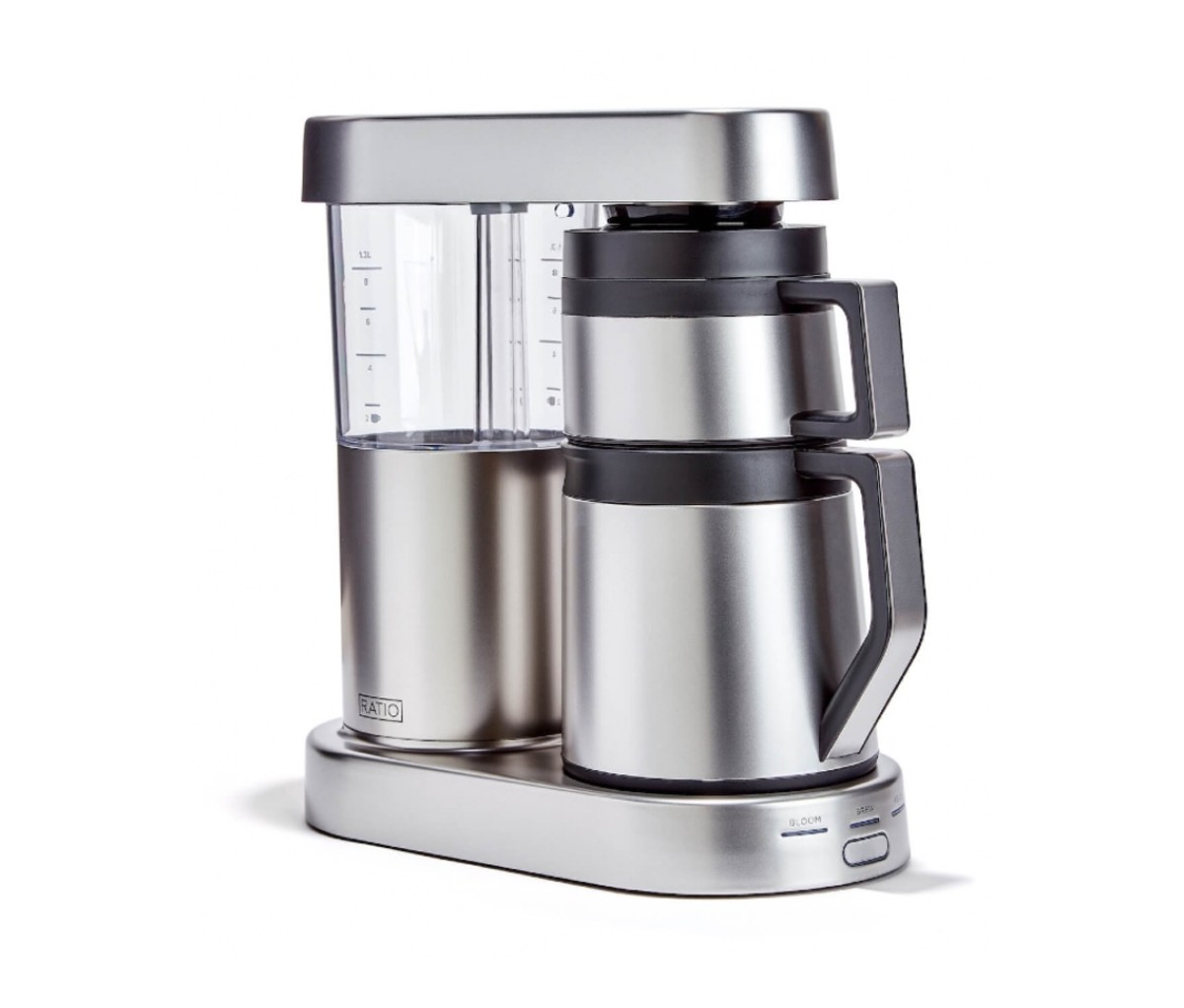 Stainless steel and glass coffee maker on a white background.