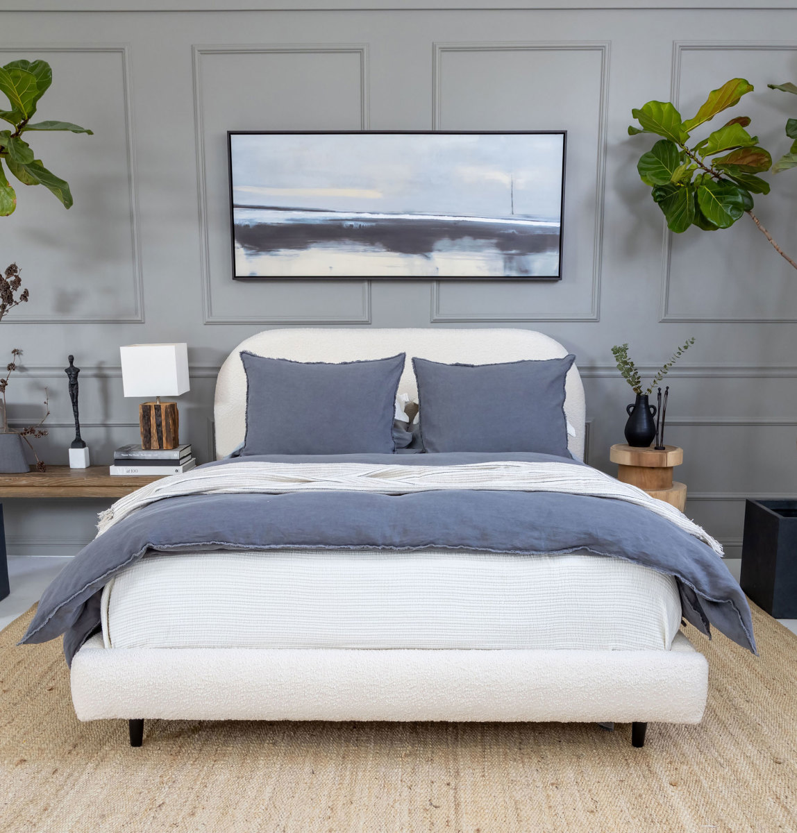Platform Queen Size Bed - Denim Blue Linen Fabric Upholestered Bed Hea –  Modish Store