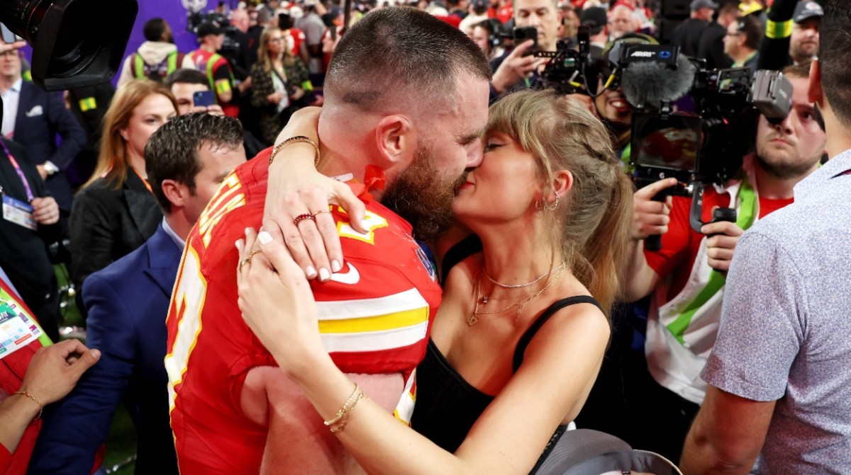 Travis Kelce #87 of the Kansas City Chiefs and Taylor Swift embrace after Super Bowl LVIII at Allegiant Stadium on February 11, 2024 in Las Vegas, Nevada.