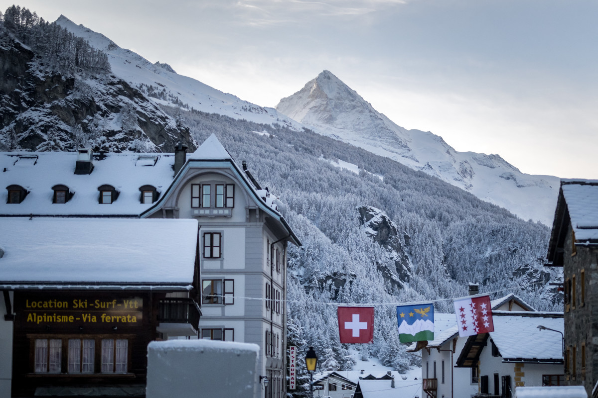 This photograph taken on March 11, 2024, in Evolene shows the Dent Blanche (C) mountain peak near the area where five of six cross-country skiers who went missing in the Swiss Alps over the weekend have been found dead, with the search still on-going for the last person. (Photo by Fabrice COFFRINI / AFP) (Photo by FABRICE COFFRINI/AFP via Getty Images)