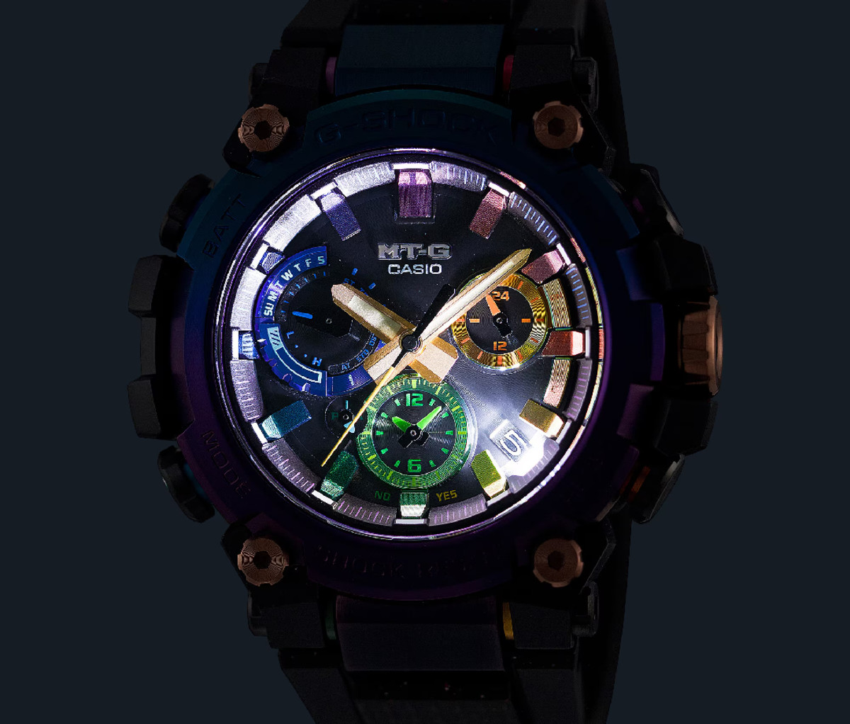 The Diffuse Nebula MTGB3000DN1A G-shock watch from Casio is the latest addition to its MT-G lineup, shown lit up in the dark.