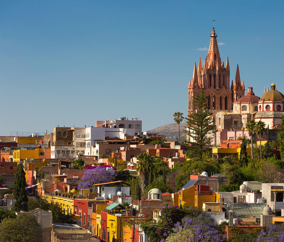 View of church and colorful houses in San Miguel de Allende, Mexico