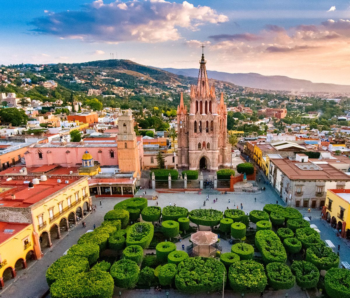 Aerial view of church and surrounding hills in San Miguel de Allende, Mexico