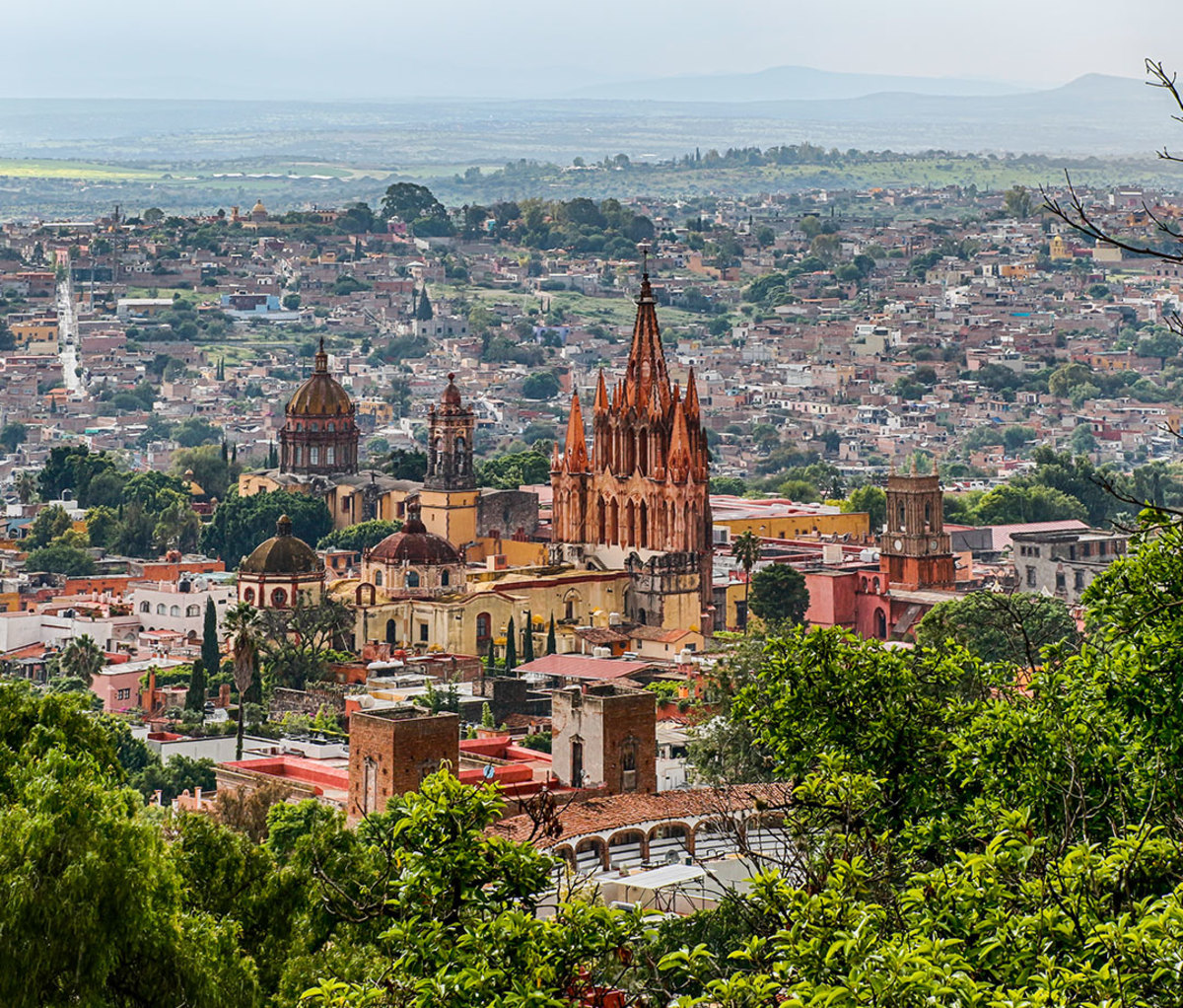 Aerial view of Parroquia de San Miguel church in San Miguel de Allende, Mexico