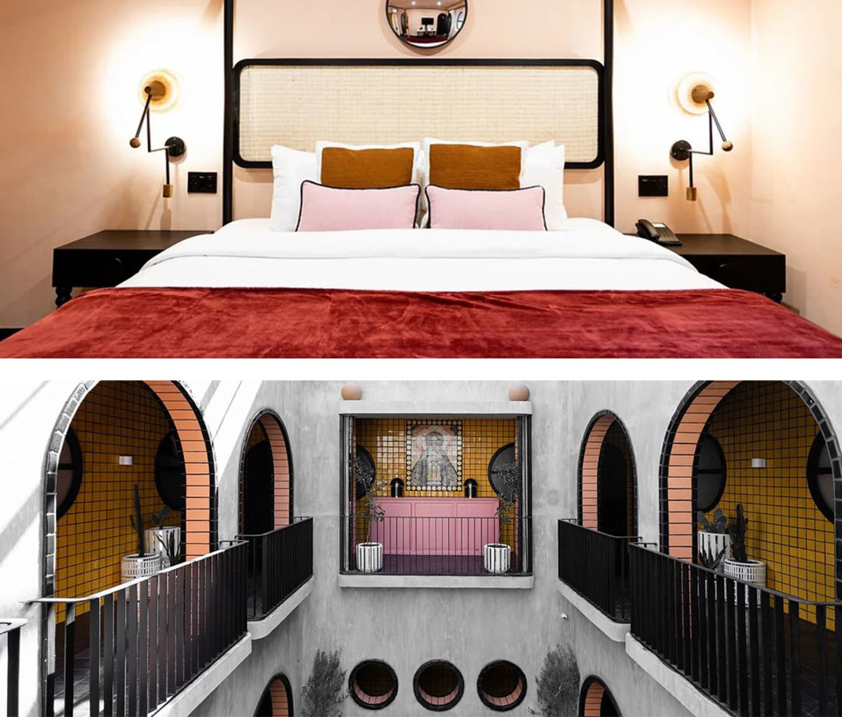 View of suite (top) and exterior hallway (bottom) at Hotel Casa Hoyos in San Miguel de Allende, Mexico