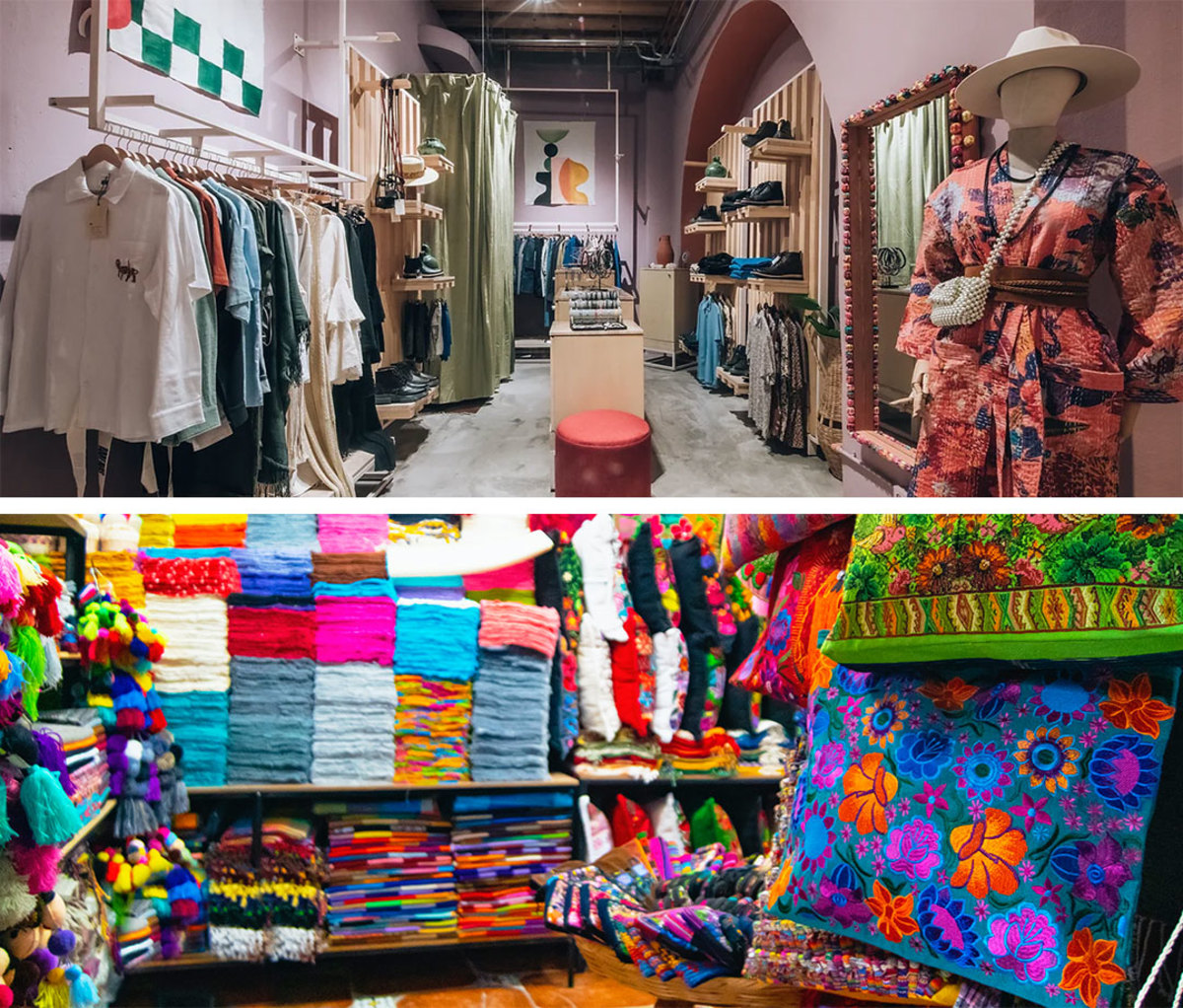 Doce 18 Concept House shop (top) and fabric shop with Mayan textiles (bottom) in San Miguel de Allende, Mexico.