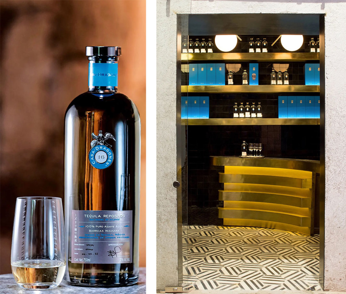 Bottle and glass of Casa Madrones reposado tequila (left) and entrance to tasting room (right).