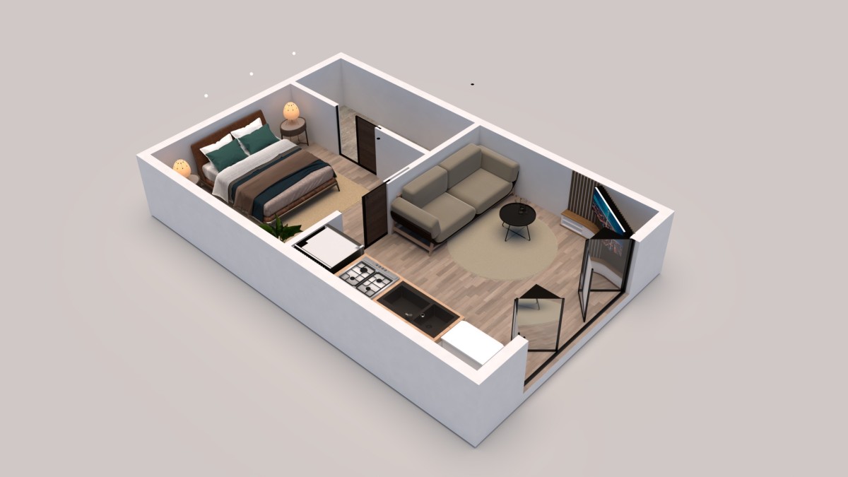 A floor plan for a 320-square-foot apartment.