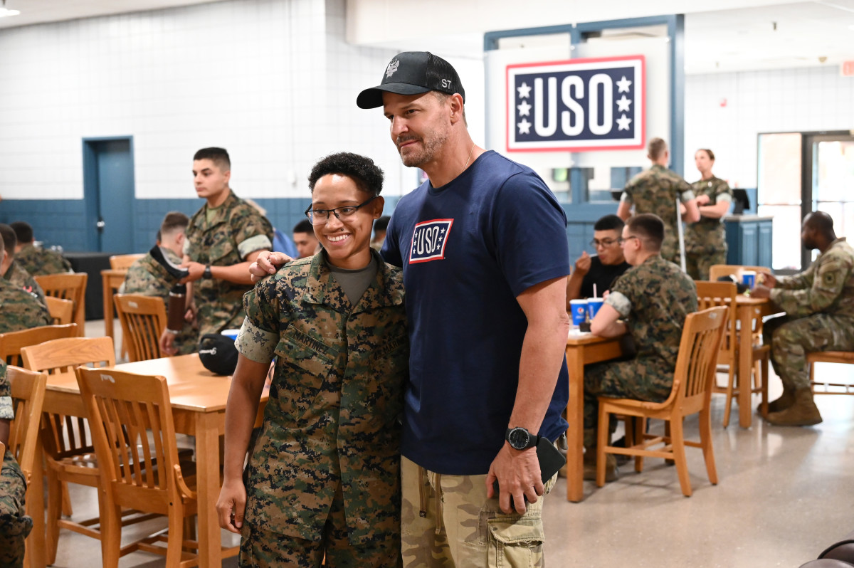 ST LOUIS, MISSOURI - AUGUST 06: (EDITORIAL USE ONLY. NO ADVERTISING.) David Boreanaz attends PARAMOUNT+ Seal Team USO Tour at Fort Leonard Wood on August 06, 2024 in St Louis, Missouri. (Photo by Daniel Boczarski/Getty Images for Paramount+)