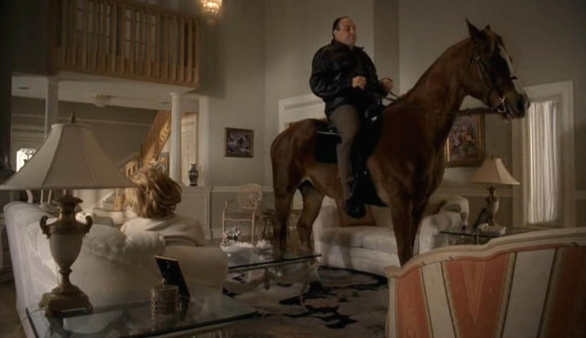 Tony riding a horse through a living room.