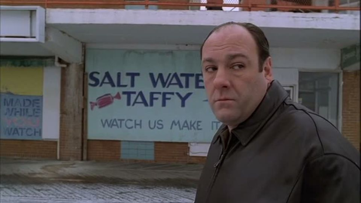 Tony in front of a taffy shop.