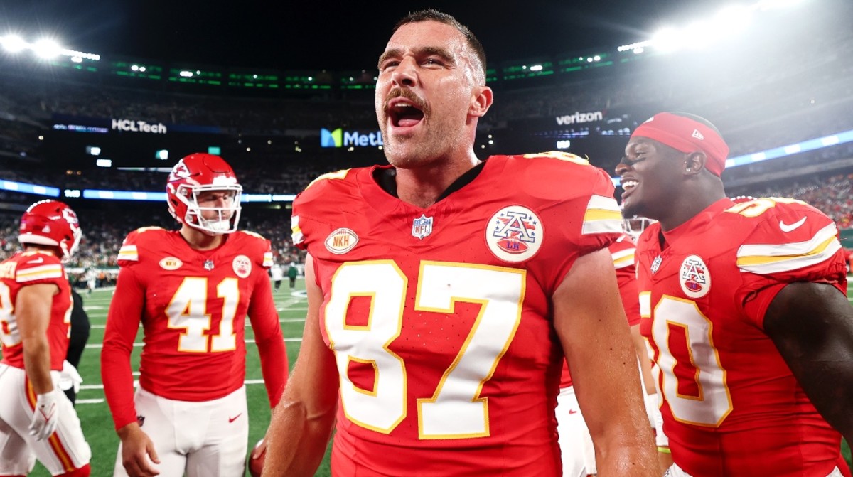 Kansas City Chiefs tight end Travis Kelce (87) stands for the