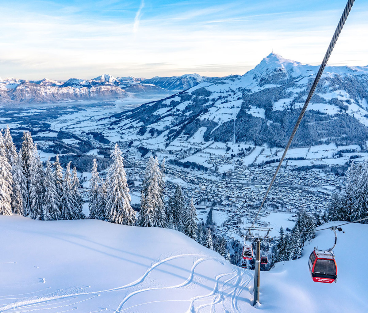 Landscape ski area and gondola in Hahnenkamm. 