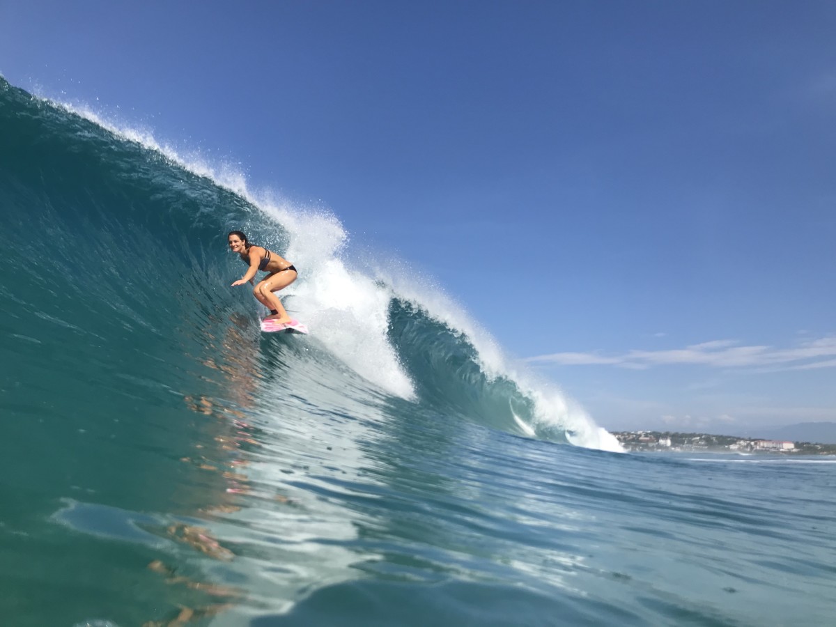 Big boobs babes strip naked and try out surf boarding