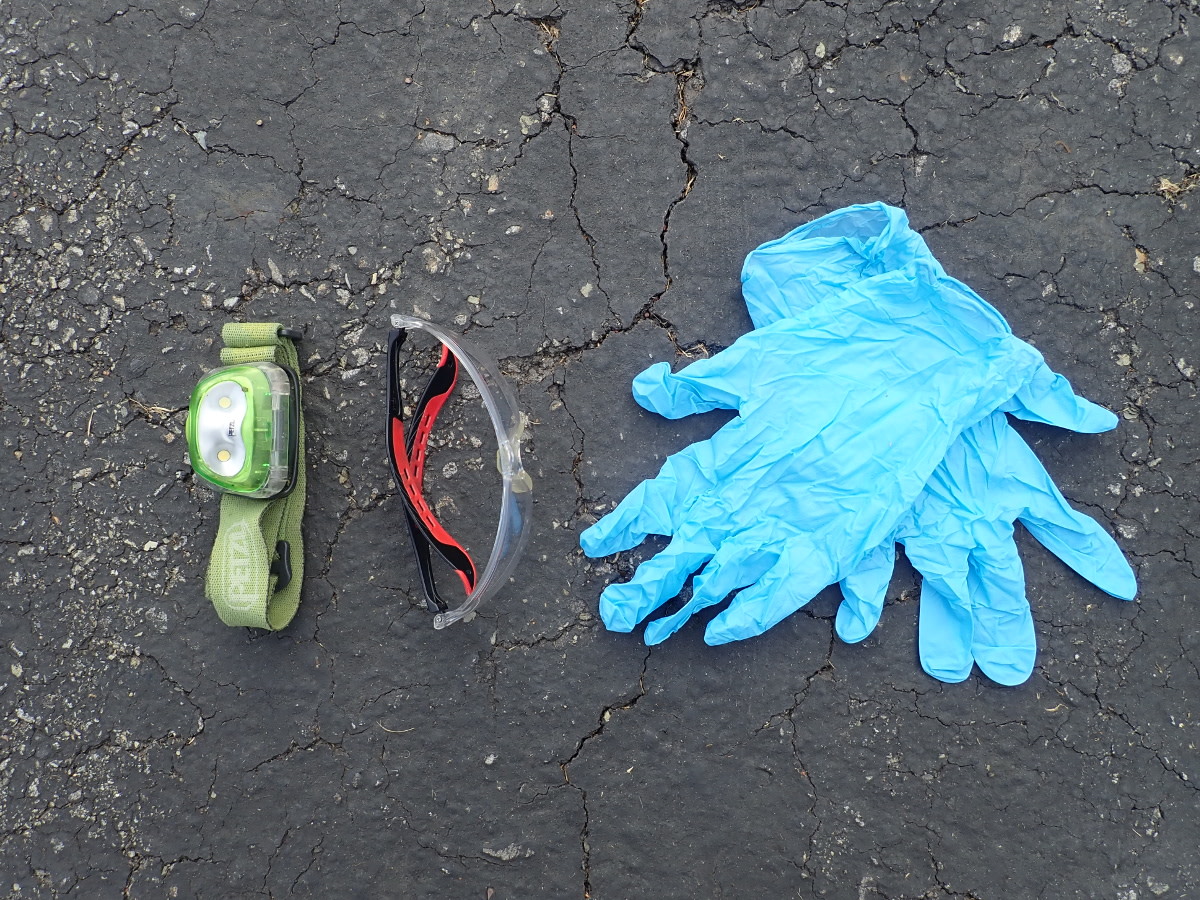 Head lamp, safety glasses, gloves.