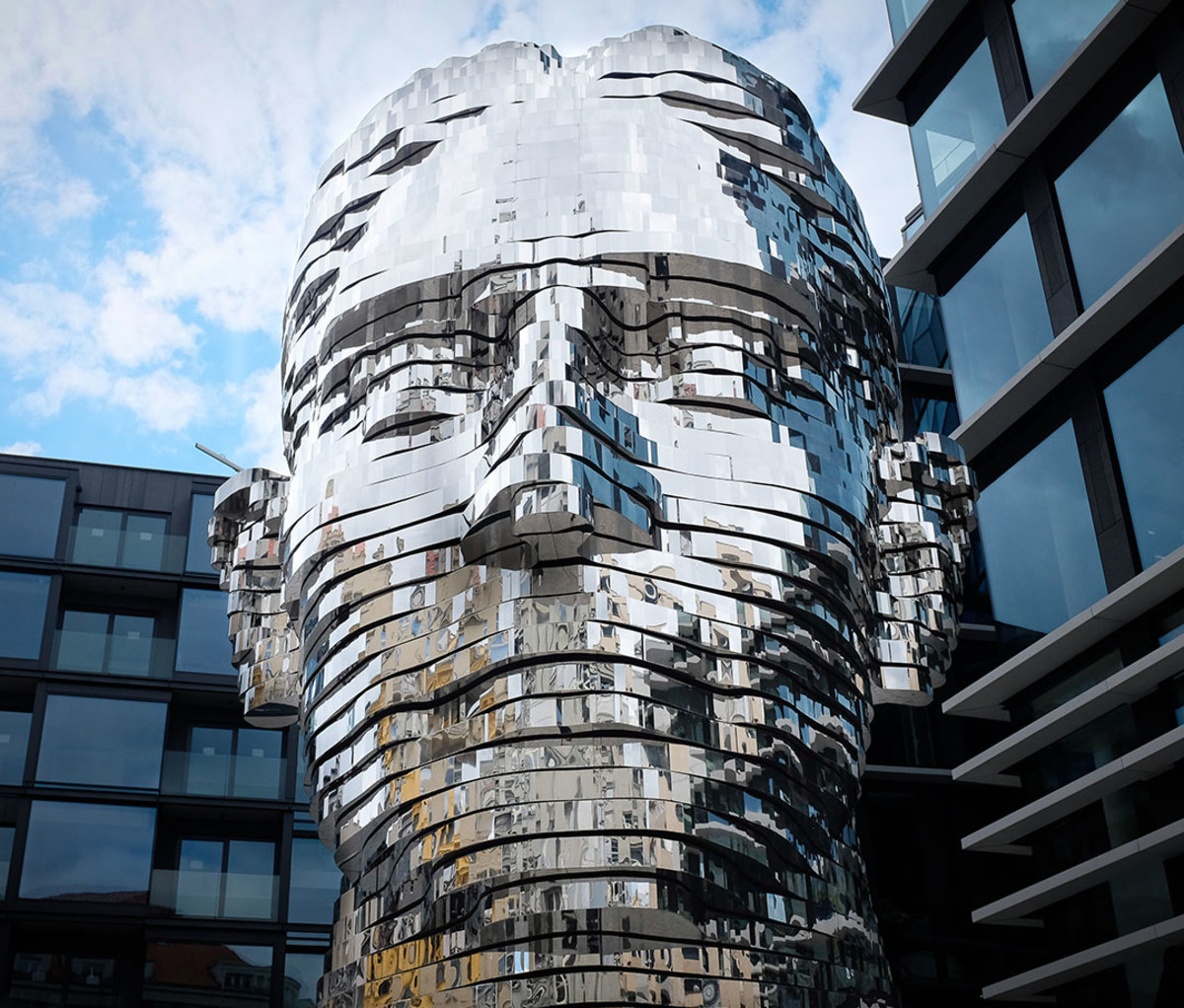 David Černý's "Head of Franz Kafka" outside the Quadrio center in Prague