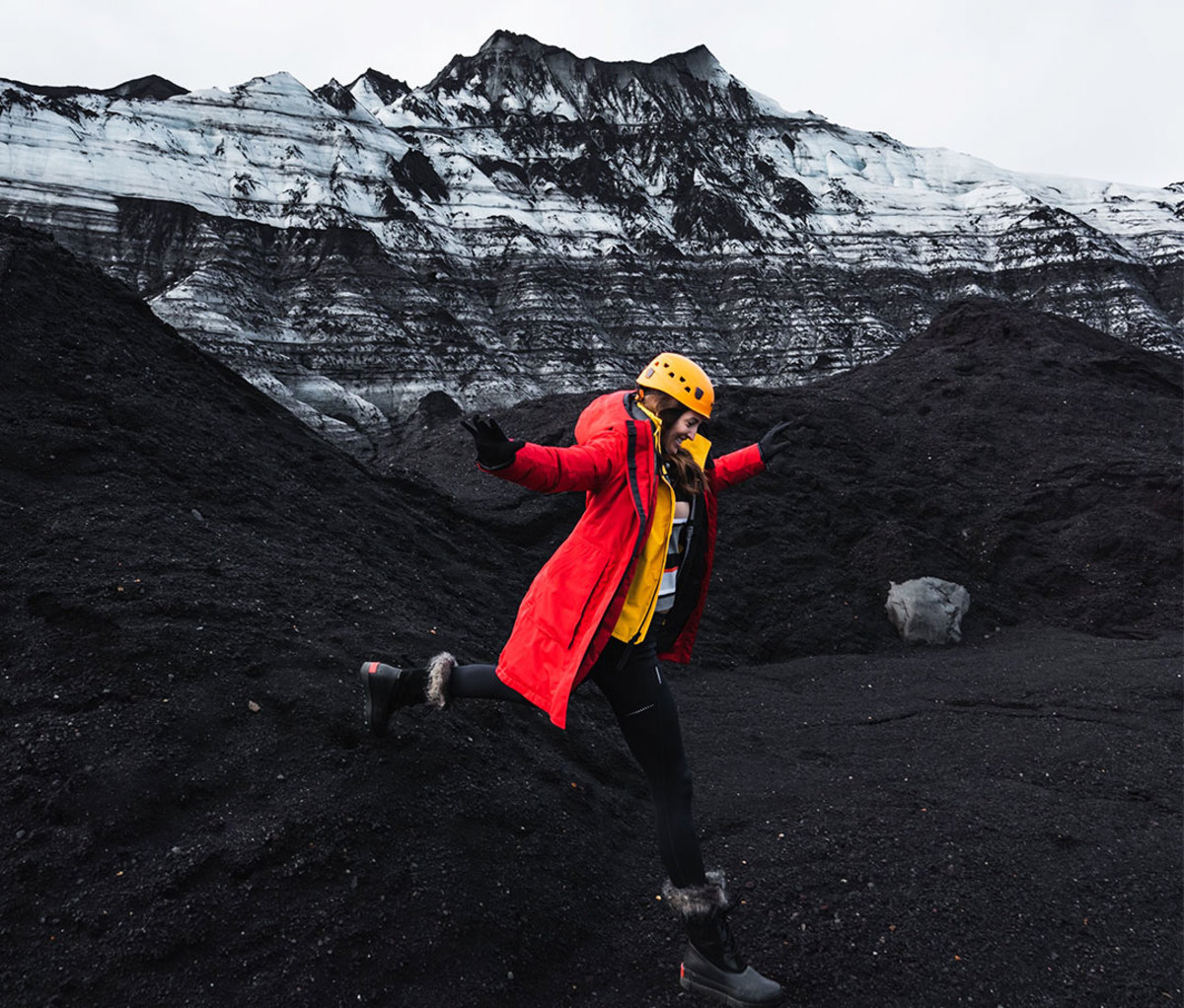 Editor Brittany Smith trekking on volcanic sand of Mýrdalsjökull glacier