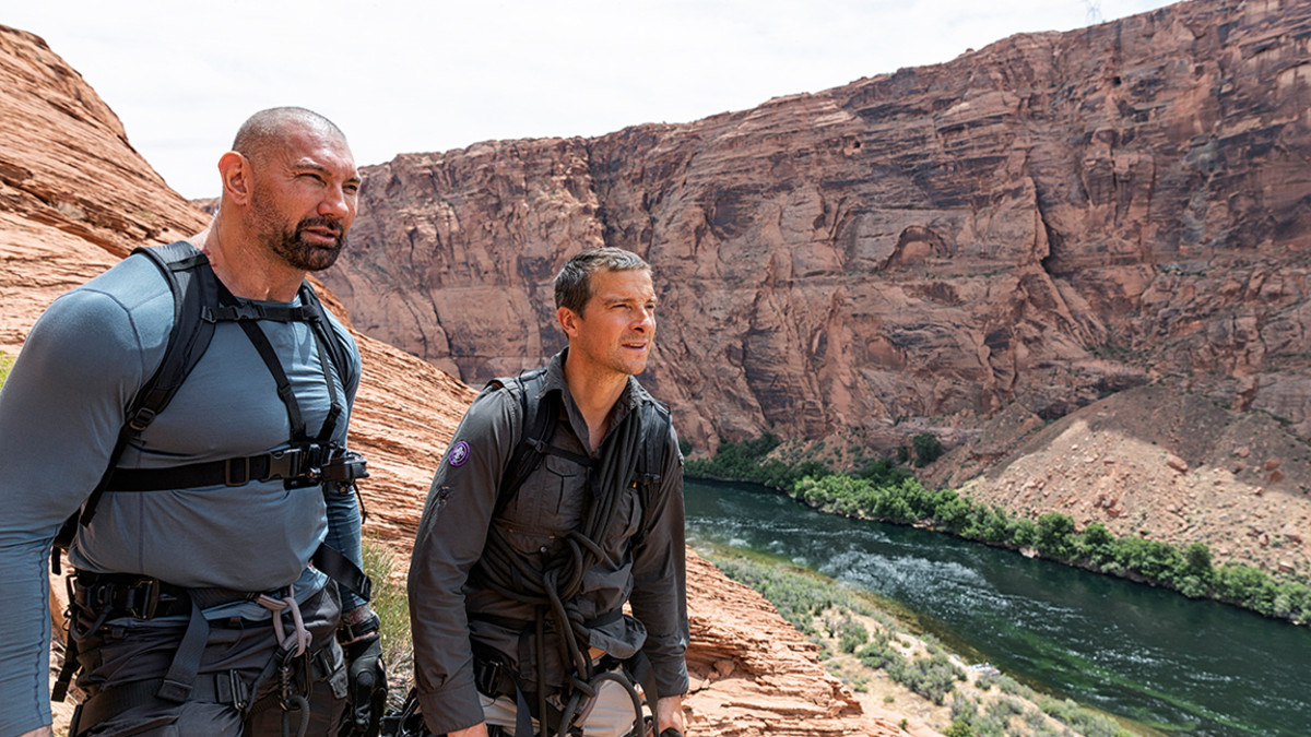 Exclusive Running Wild Clip Dave Bautista Builds A Fire With Bear Grylls