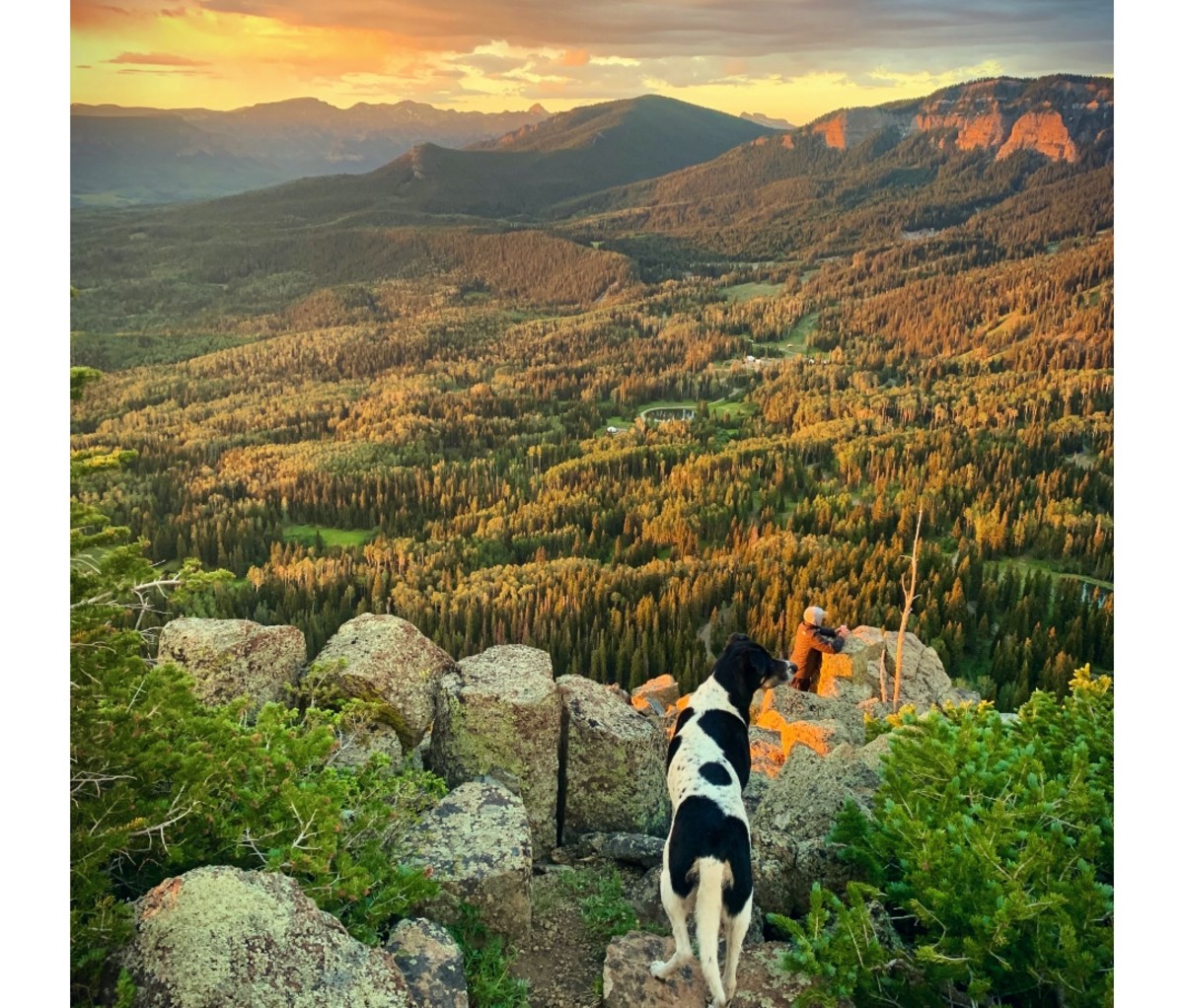 Man hiking with dog in San Juan Mountains of Colorado