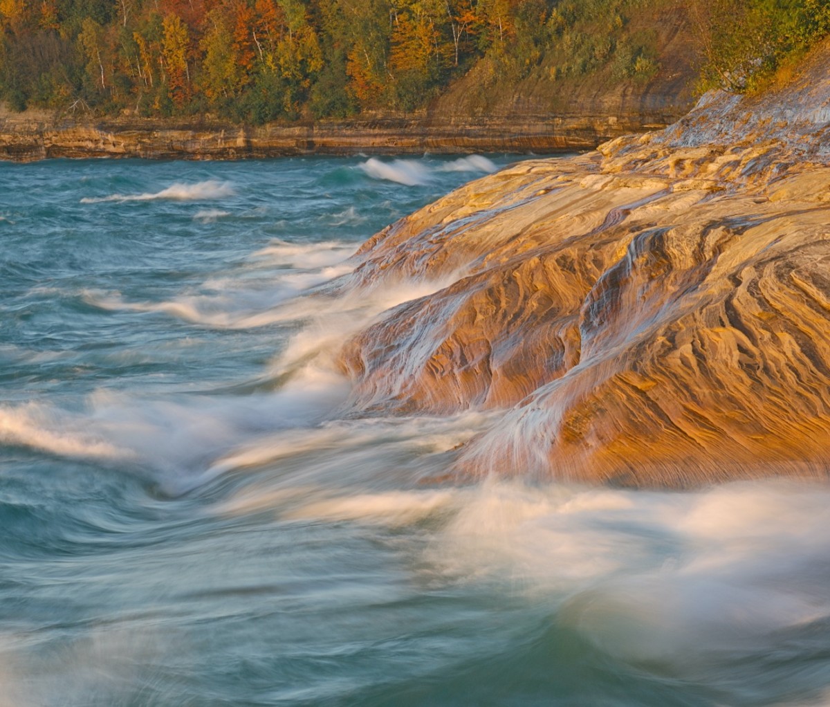 Sandstone shoreline of Lake Superior at Pictured Rocks National Lakeshore, autumn, Michigan's Upper Peninsula, USA