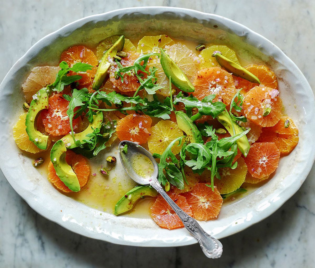 Winter Citrus and Arugula Salad with Avocado, Pistachios, and Shallot Vinaigrette