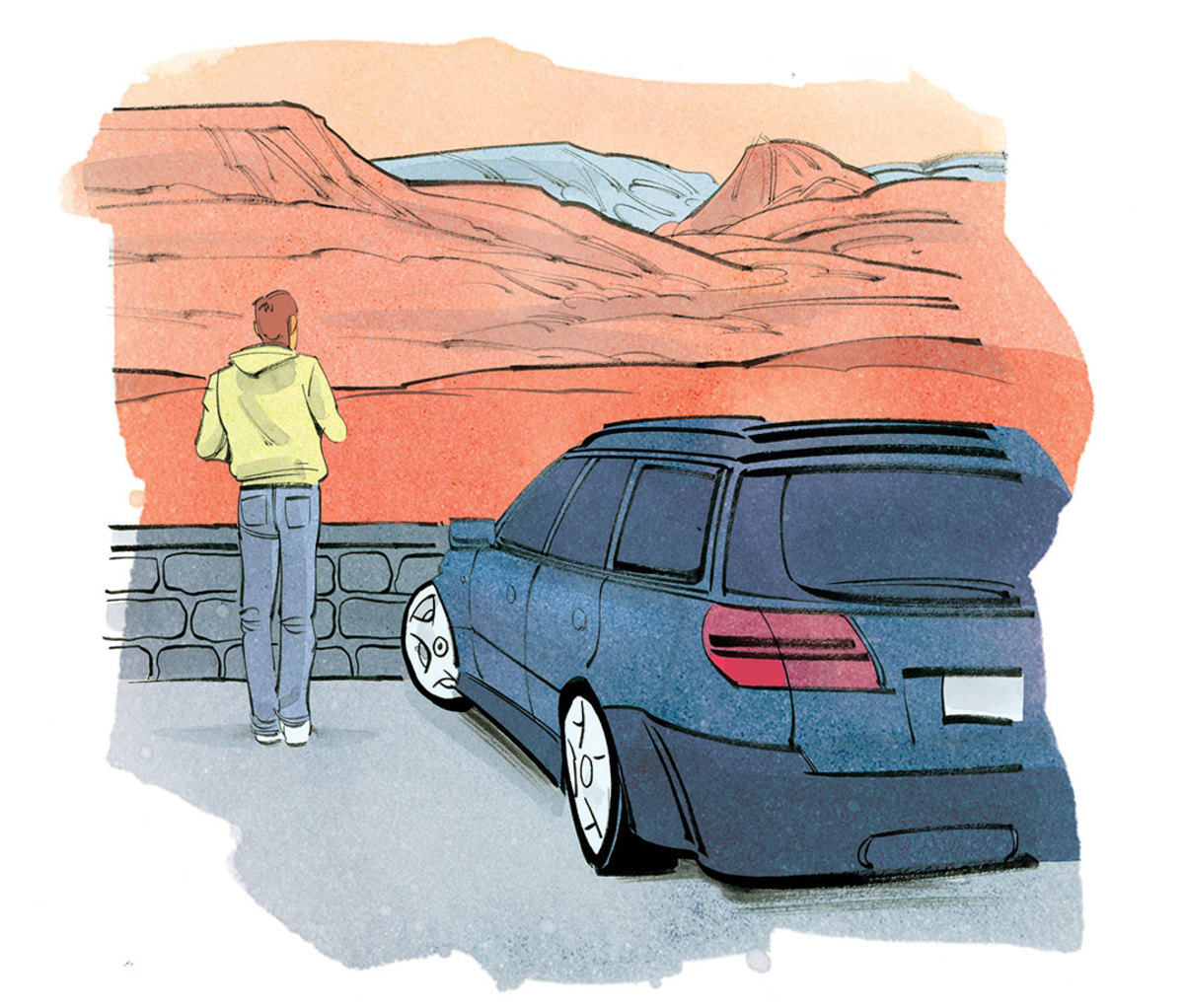 Illustration of man on road trip